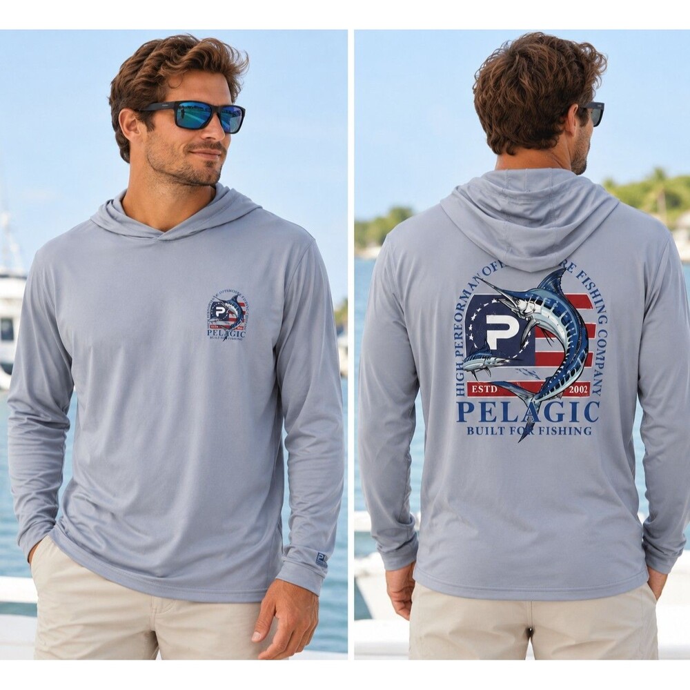 Pelagic Performance Fishing Hoodie Men’s 2XL Gray Long Sleeve Sun Shirt Marlin